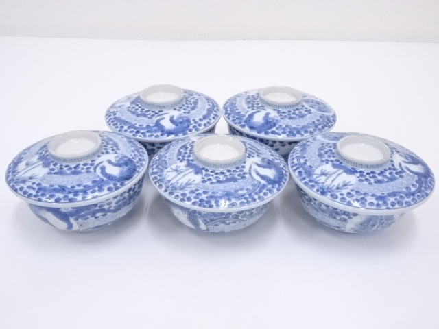 ANTIQUE JAPANESE IMARI / MEIJI ERA / LIDDED STEAMER BOWL SET OF 5  / BLUE & WHITE PORCELAIN